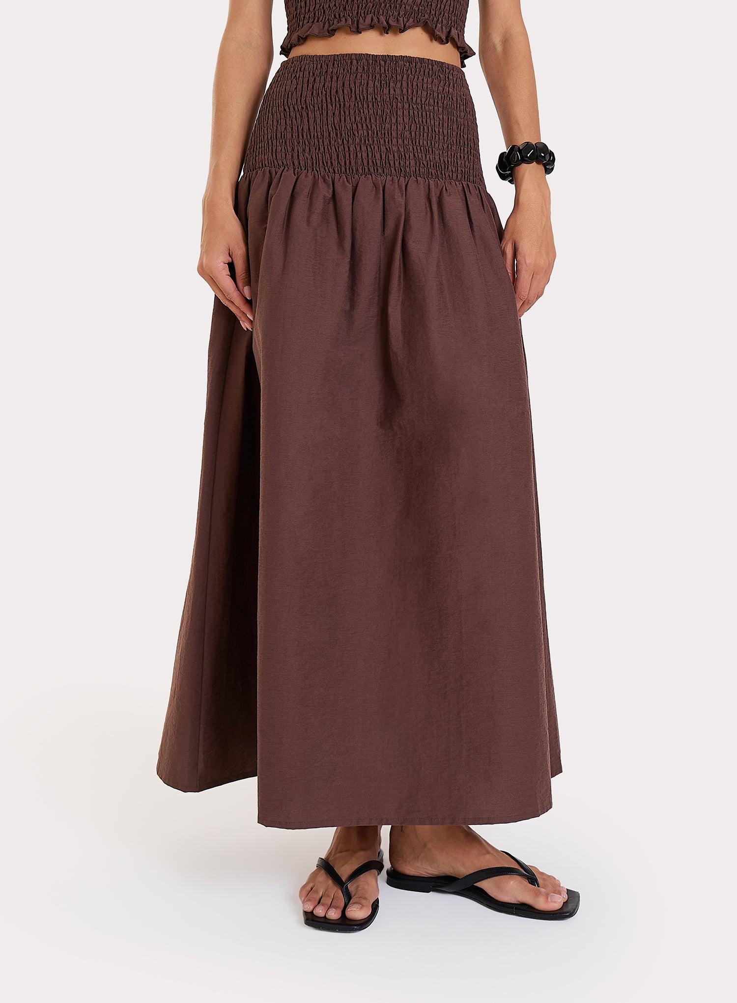 Chocolate Shirred Drop Waist Maxi Skirt
